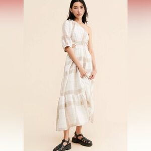 Anthropologie Little Lies Audrey Maxi Dress One-Shoulder Neutral Linen Cutout M